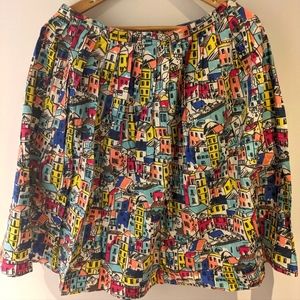 Colourful House-Patterned Pleated Circle Skirt